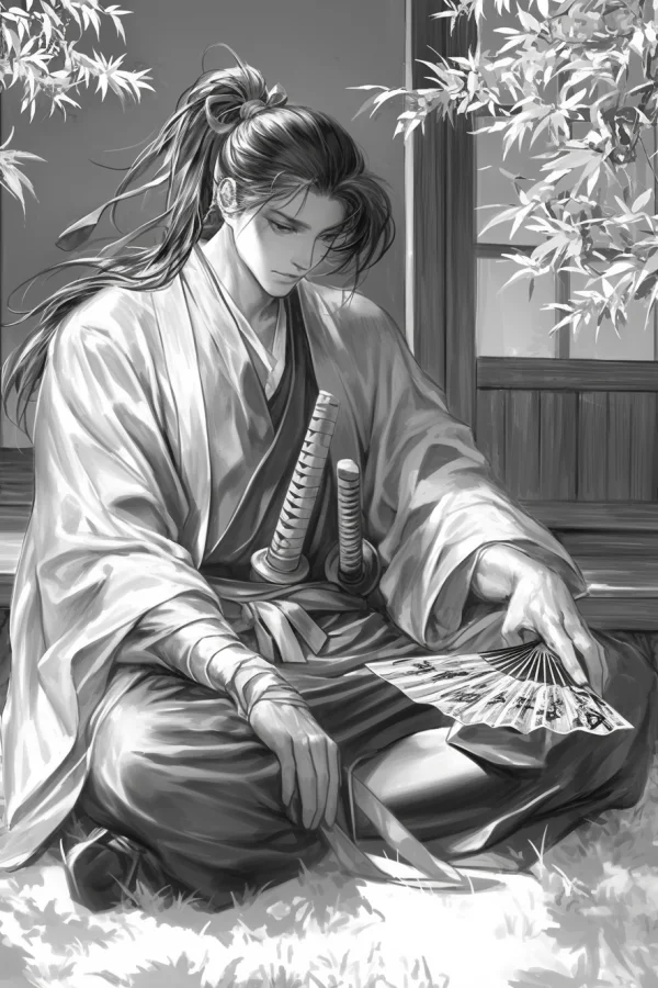 Japanese samurai in traditional kimono, sitting on grass with bamboo plants and japanese wooden window in background — free printable samurai coloring book page