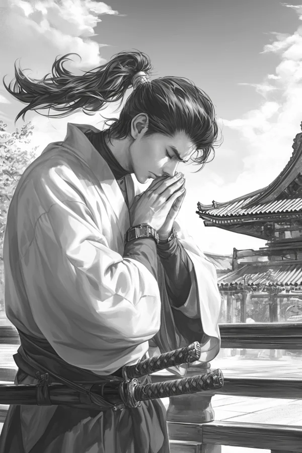 Grayscale illustration, praying japanese samurai with topknot — free printable samurai coloring book page