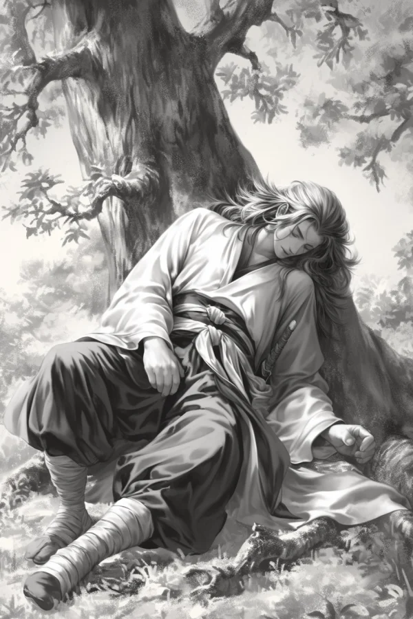 Black and white sketch, ancient chinese swordsman resting under an old giant tree — free printable martial arts coloring book page