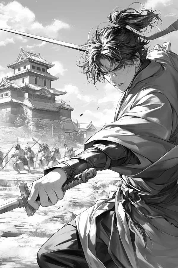Samurai holding katana, realistic japanese illustration style — free printable history coloring book page