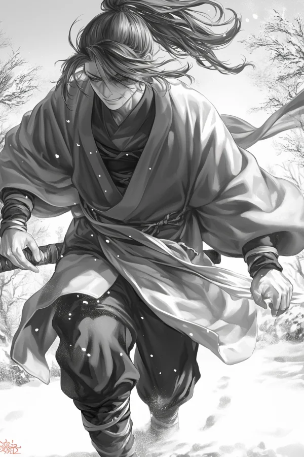 Japanese samurai walking in winter snow, anime realistic illustration style — free printable martial arts coloring book page