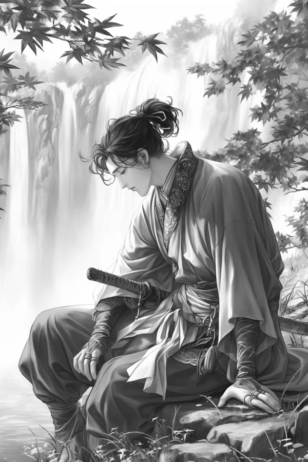 Coloring book style illustration, ancient chinese swordsman with a sword — free printable martial arts coloring book page