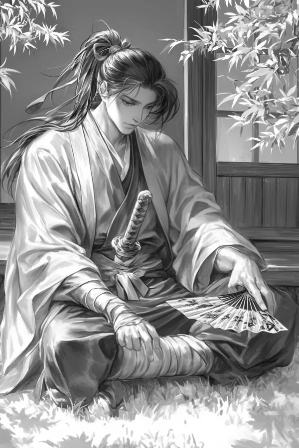 Japanese ancient samurai in traditional kimono, with katana at waist — free printable samurai coloring book page