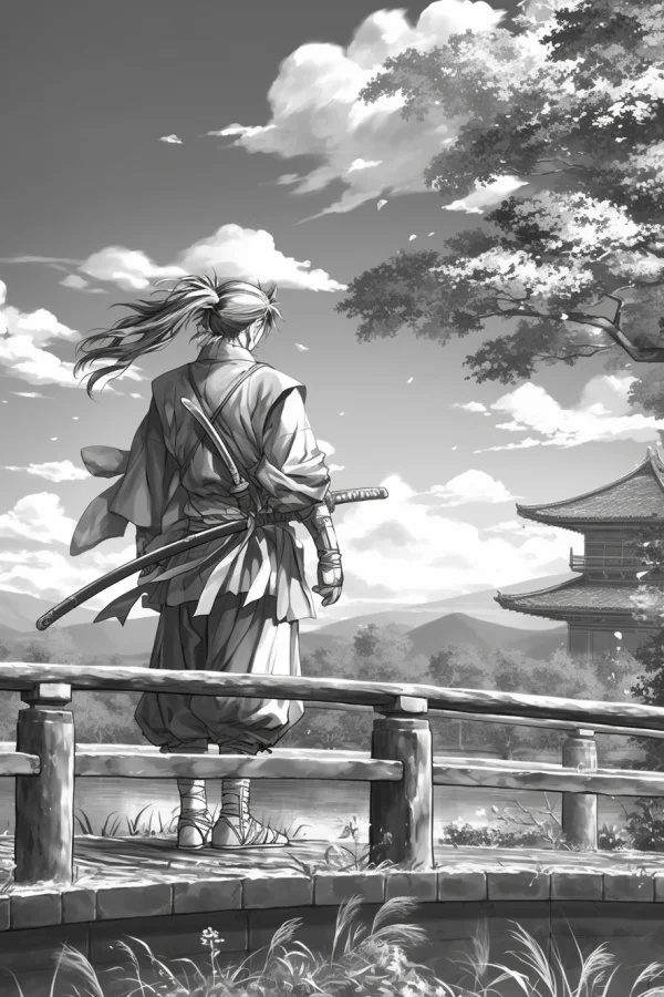 Back-view japanese samurai, anime and japanese style — free printable samurai coloring book page