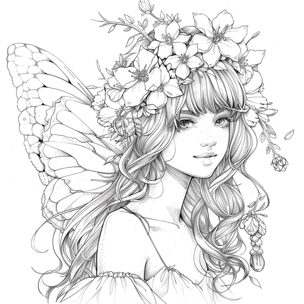 Flower fairy with floral wreath and butterfly wings, anime illustration style — free printable fairy coloring book page