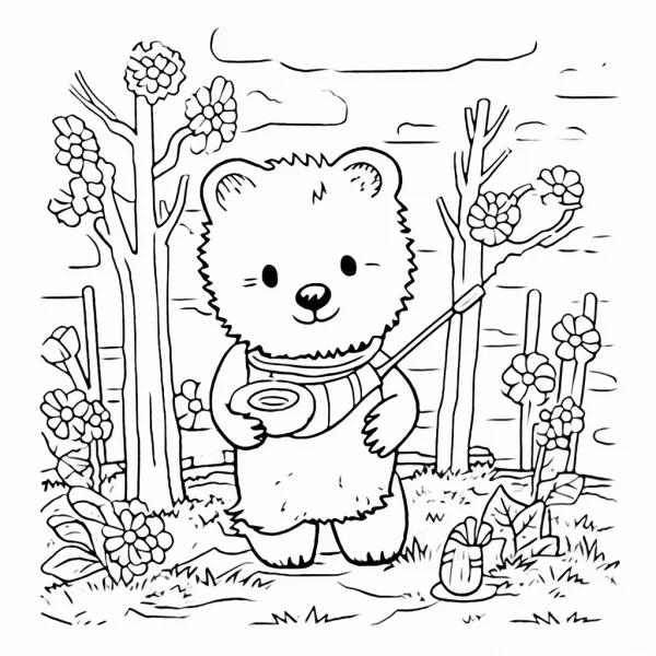 Cute fishing bear, cartoon style — free printable fishing coloring book page