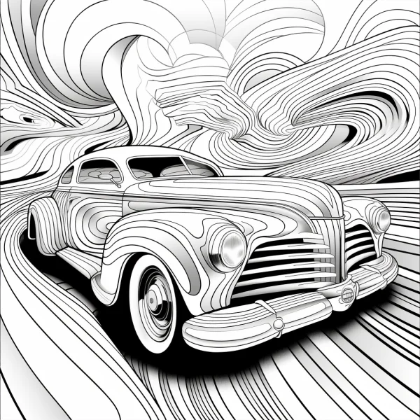Vintage car surrounded by abstract swirling lines, retro and abstract line art style — free printable abstract creativity coloring book page