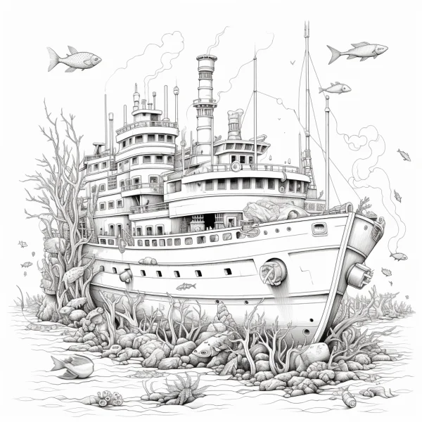 Sunken ship on the seabed, realistic sketch style — free printable underwater world coloring book page