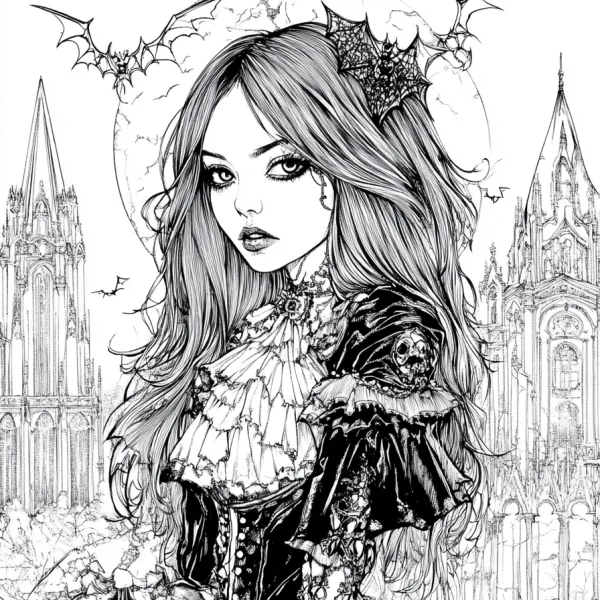 Gothic dark girl with skull embellishments, gothic art style — free printable goth culture coloring book page