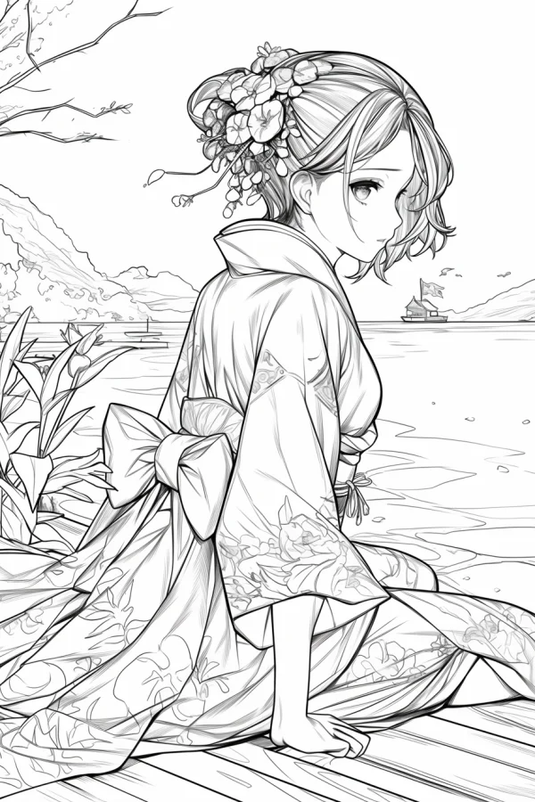 Girl in traditional kimono with flower hair accessories sitting on wooden dock by lake, japanese anime illustration style — free printable flower season coloring book page