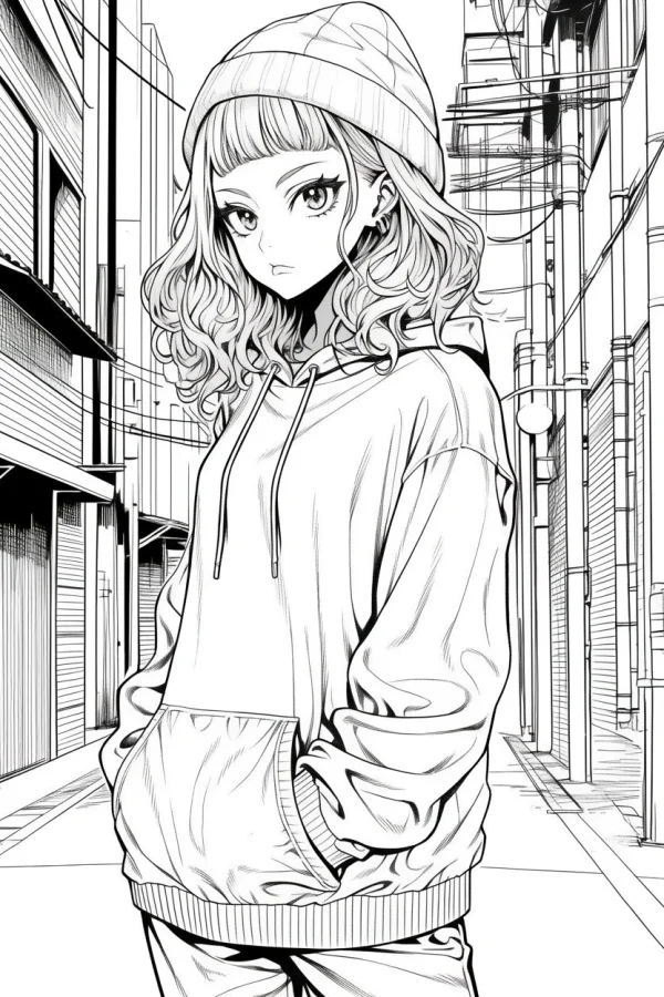Japanese street curly-haired girl wearing beanie and hoodie, anime style — free printable street coloring book page
