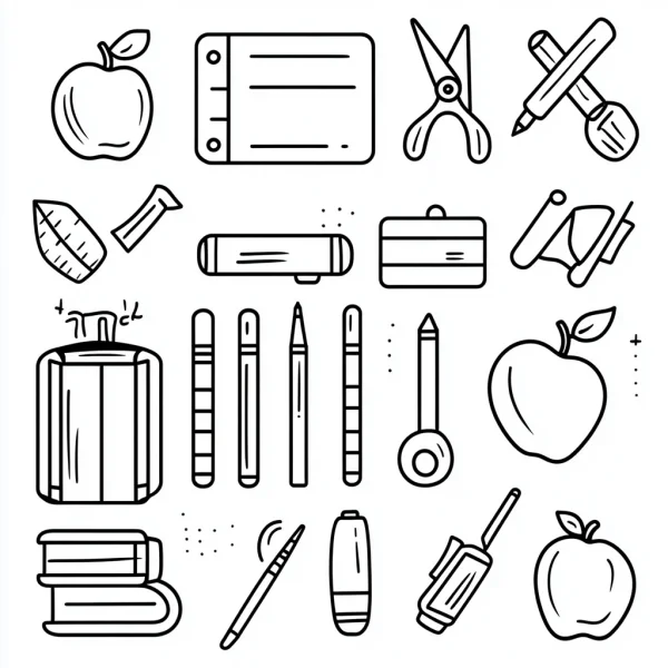 Collection of school stationery and apples, cartoon sketch style — free printable stationery coloring book page