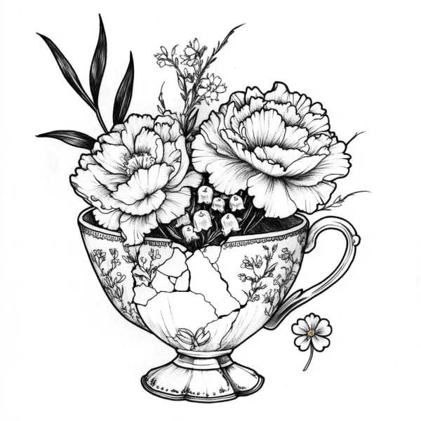 Cracked vintage teacup with carnations, small clustered flowers — free printable living items coloring book page