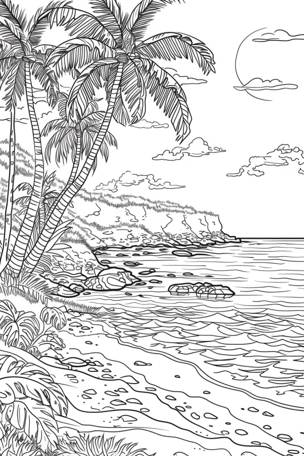 Tropical beach landscape with palm trees, sketch style — free printable tropical coloring book page