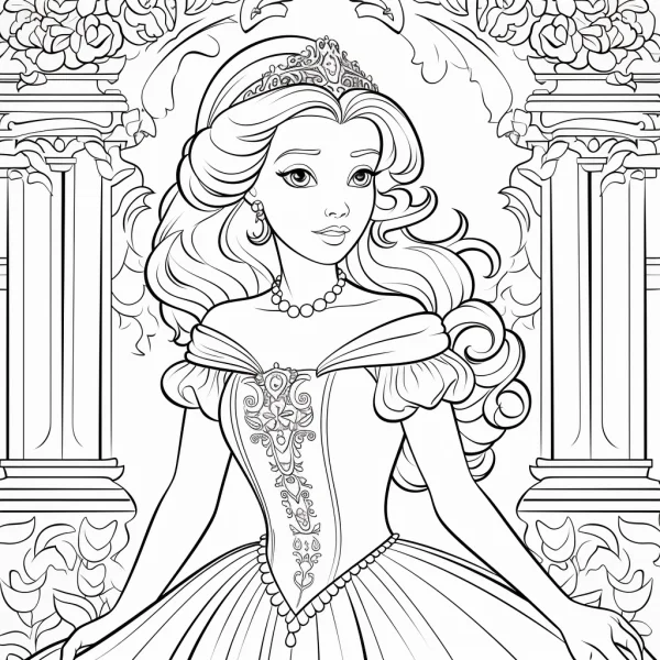 Elegant palace princess with curly hair, wearing crown and pearl jewelry — free printable court coloring book page