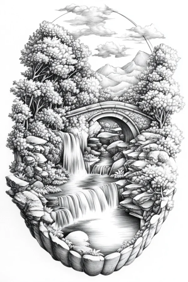 Forest waterfall landscape with stone bridge, realistic sketch style — free printable waterfall coloring book page
