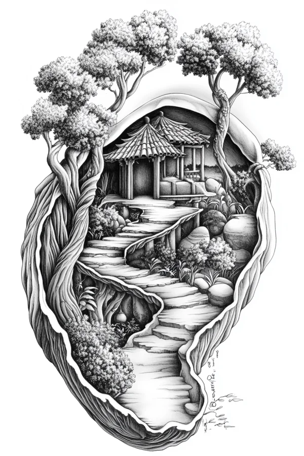 Chinese style garden courtyard with a pavilion, realistic sketch style — free printable gardens coloring book page