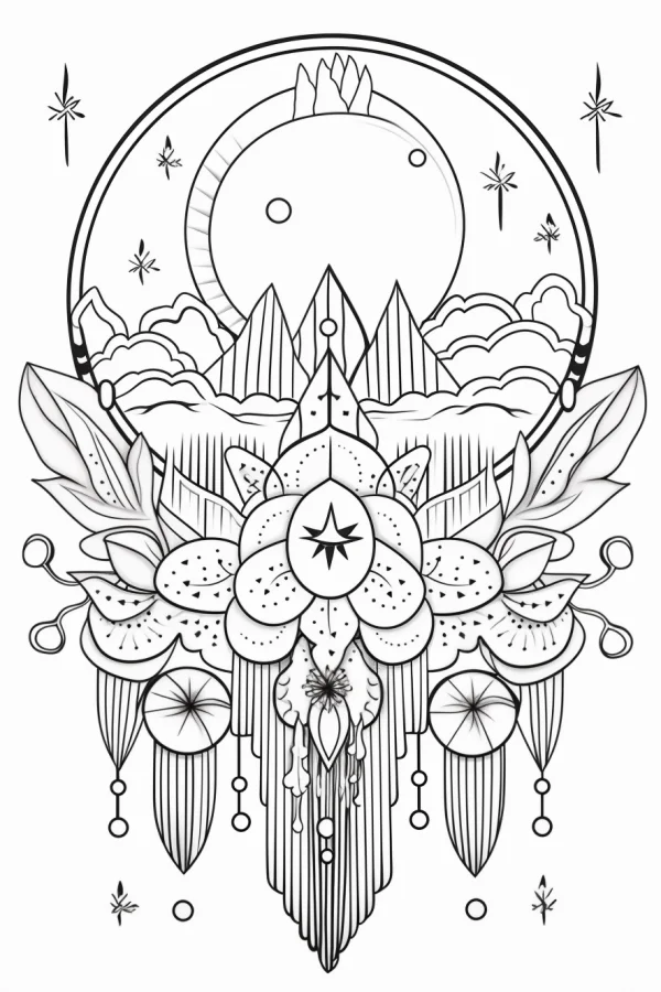 Symmetrical mandala with flowers, mountains — free printable zen coloring book page