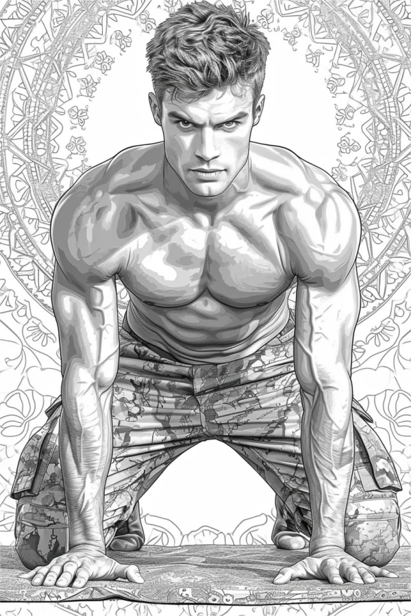 Muscular man in camouflage pants in push-up stance, mandala pattern background — free printable military coloring book page