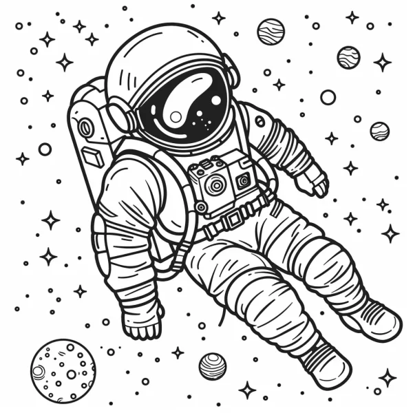 Space astronaut in cartoon style, floating in space with stars and planets — free printable astronaut coloring book page