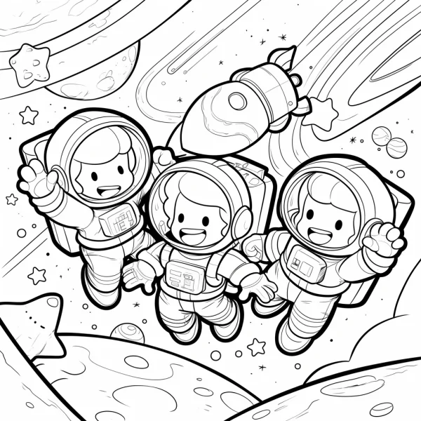 Cute cartoon astronauts, sci-fi space theme — free printable astronaut coloring book page
