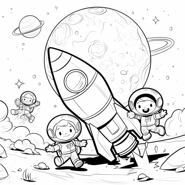 Cartoon astronauts with rocket on alien planet surface, cartoon style — free printable astronaut coloring book page