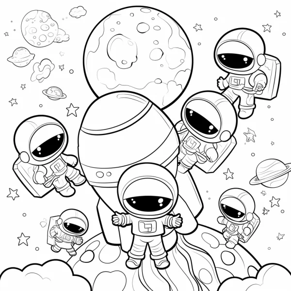 Cute cartoon astronauts with rocket, sci-fi space theme — free printable astronaut coloring book page