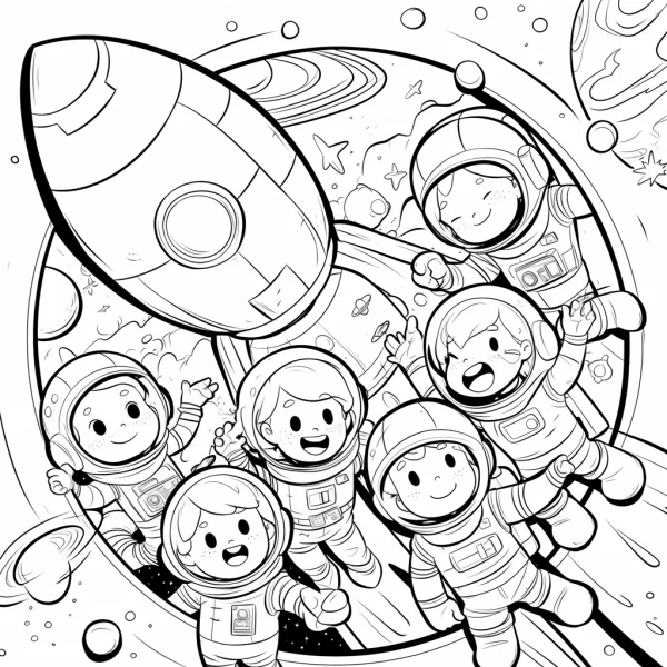 Cartoon child astronauts with rocket, cartoon style — free printable astronaut coloring book page