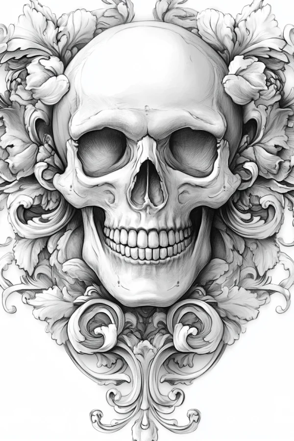 Baroque style human skull, surrounded by intricate baroque scrolls and leaf ornaments — free printable baroque coloring book page