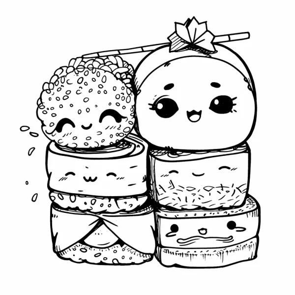 Cute anthropomorphic sushi stack, cartoon style — free printable cartoon characters coloring book page