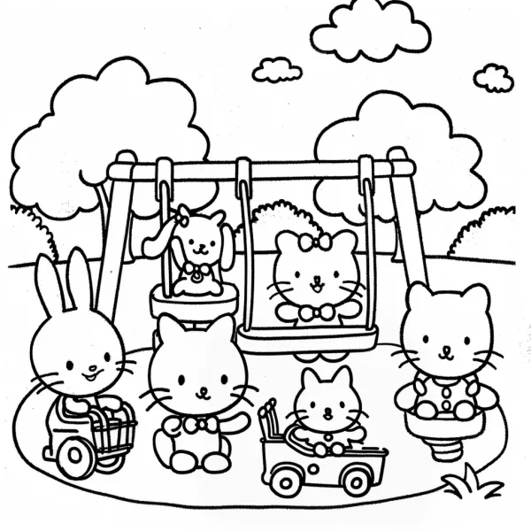 Cartoon animals (rabbit, cats — free printable amusement park coloring book page