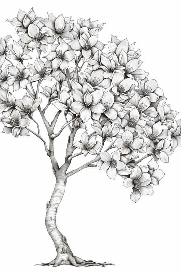 Flowering tree with abundant blossoms, realistic line art style — free printable trees coloring book page