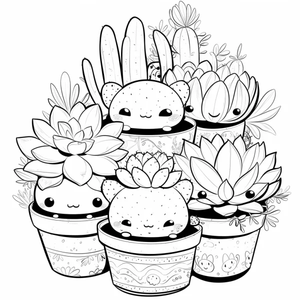 Cute anthropomorphic succulent and cactus potted plants, cartoon style — free printable cute style coloring book page