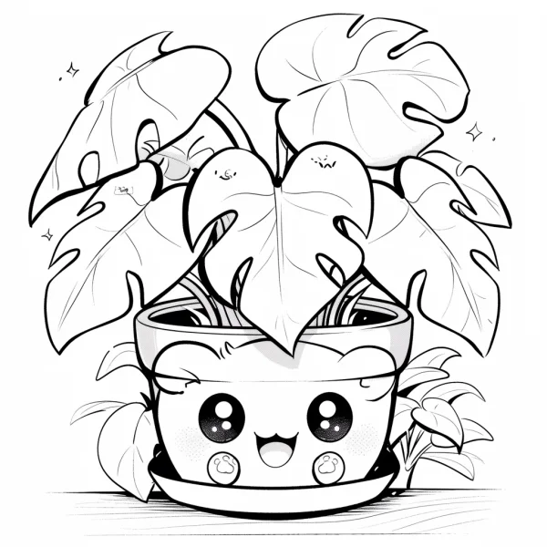 Cute anthropomorphic monstera potted plant, cartoon style — free printable personification coloring book page