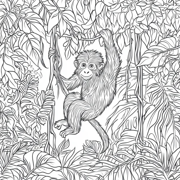 Cute monkey hanging in dense rainforest, surrounded by tropical leaves and vines — free printable rainforest coloring book page