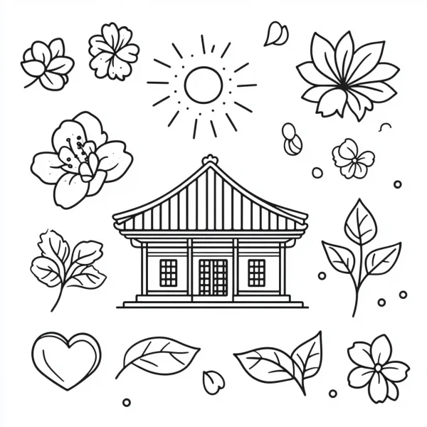 Korean traditional house, korean style — free printable korean style coloring book page