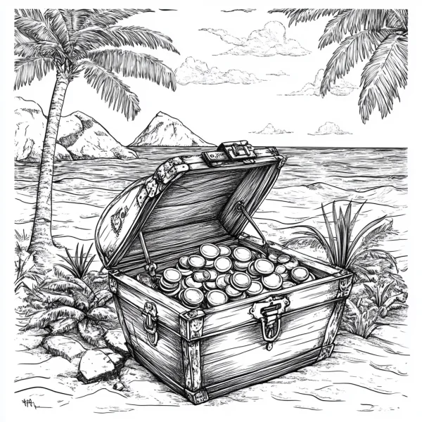 Treasure chest full of gold coins on sandy beach, realistic sketch style — free printable treasure coloring book page
