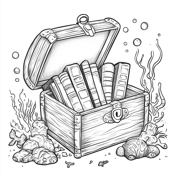 Wooden treasure chest filled with books on the seabed, cartoon style — free printable treasure coloring book page
