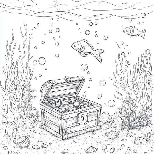 Underwater treasure chest filled with gold coins, realistic line art style — free printable treasure hunt coloring book page