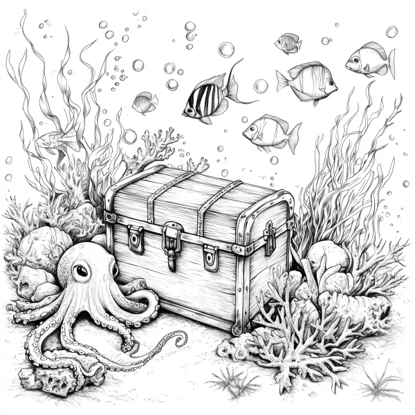 Underwater treasure chest with cute octopus, realistic sketch style — free printable treasure coloring book page