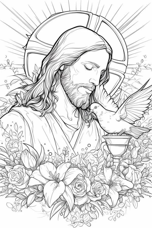 Jesus with peace dove, realistic line art style — free printable christianity coloring book page