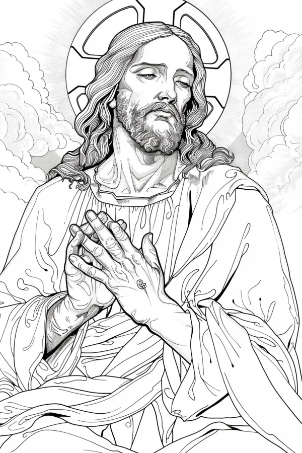 Jesus christ with stigmata on hands, realistic western religious illustration style — free printable cultural theme coloring book page