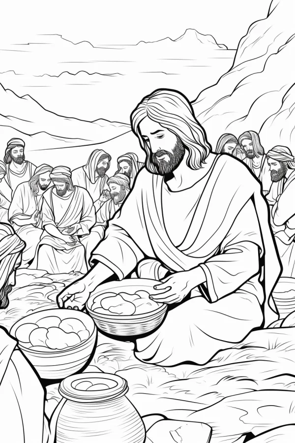 Jesus and his disciples sharing loaves of bread, biblical miracle scene — free printable bible stories coloring book page