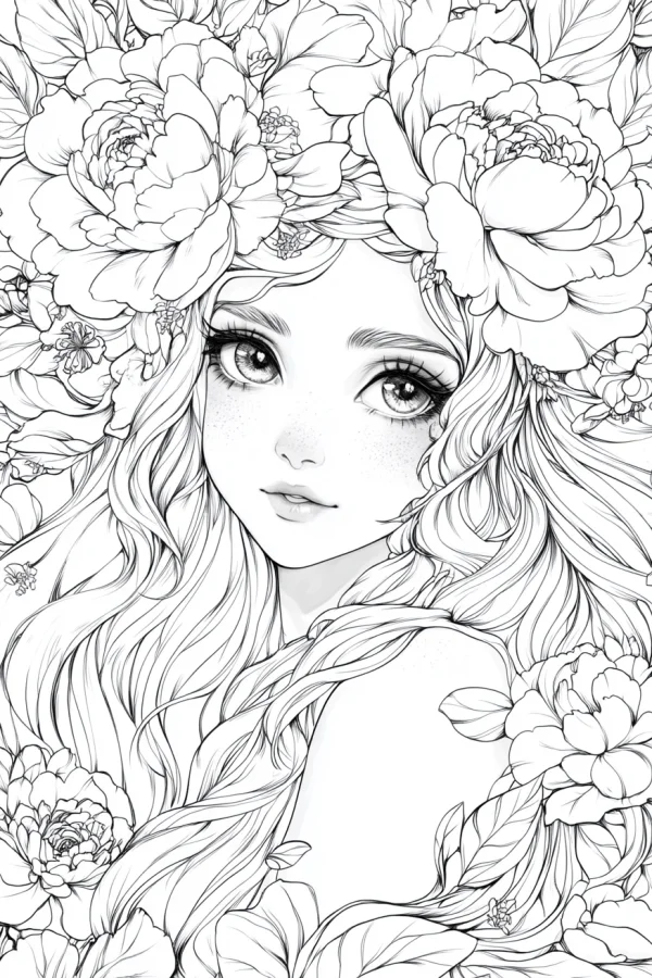 Fairy girl surrounded by peonies, anime style — free printable fairy coloring book page