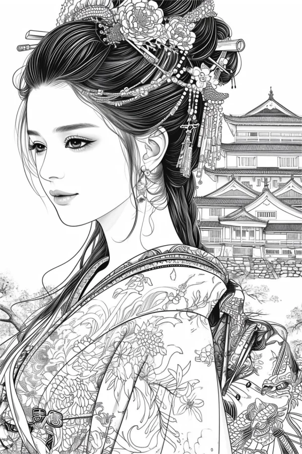 Classical japanese woman in traditional kimono, japanese style — free printable classical architecture coloring book page