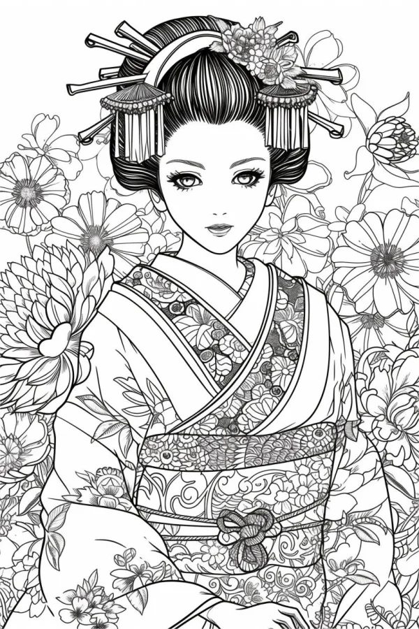 Japanese geisha in traditional patterned kimono, japanese style — free printable traditional culture coloring book page