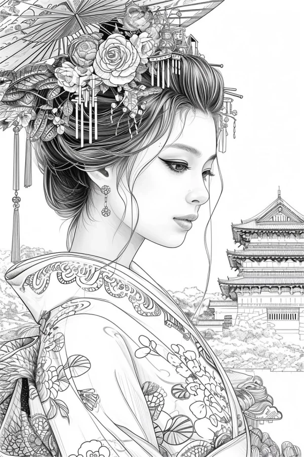 Coloring book page, japanese woman in traditional kimono with elaborate floral hair ornaments and paper umbrella — free printable traditional clothing coloring book page