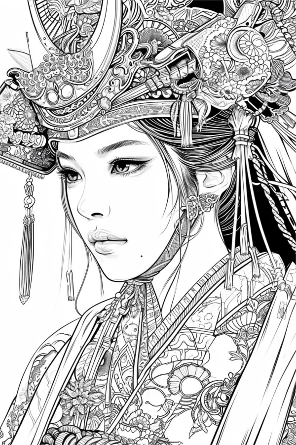 Chinese woman in traditional royal headdress and ornate costume, chinese style — free printable traditional culture coloring book page