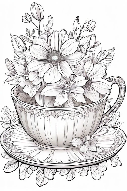 Coloring book page, teacup filled with various flowers and leaves — free printable still life coloring book page