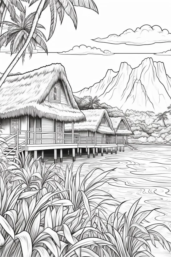 Coloring book page, tropical overwater bungalows vacation landscape — free printable southeast asia coloring book page